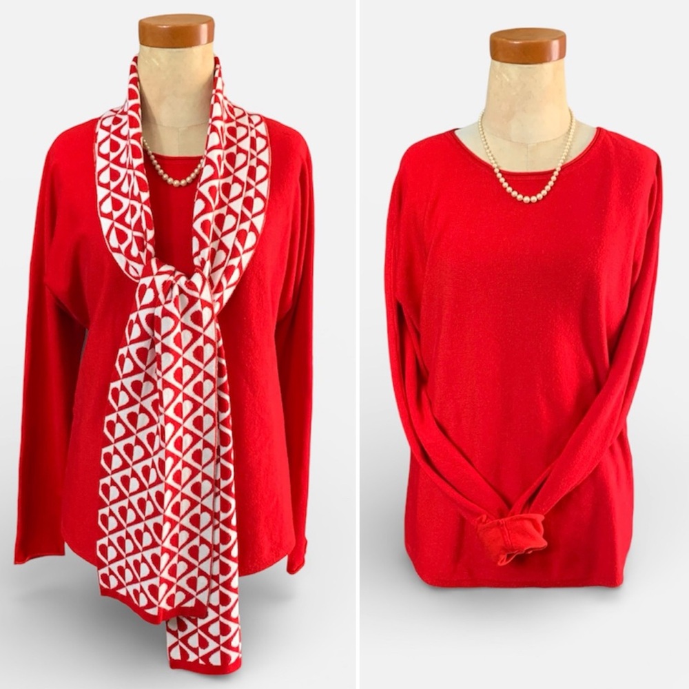 Cynthia Rowley red pullover sweater with removable heart print knit scarf- L